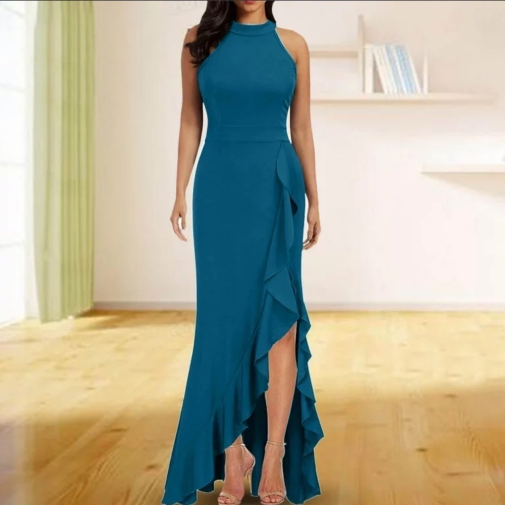 WOOSEA Women's High Neck Split Bodycon Mermaid Evening Cocktail Long Dress